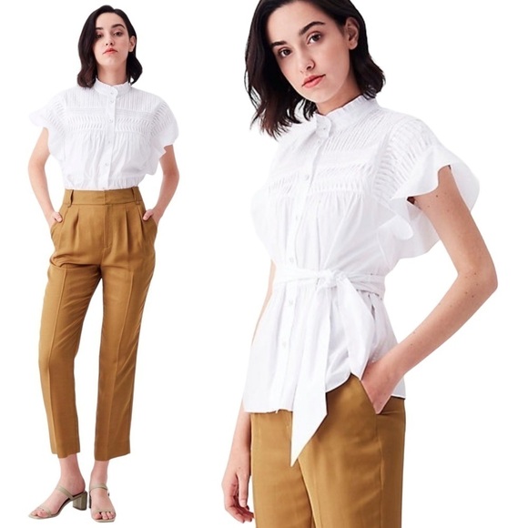 DVF Zoe Pleated Bodice Relaxed Fit Cotton Blouse White 2 - Picture 1 of 11